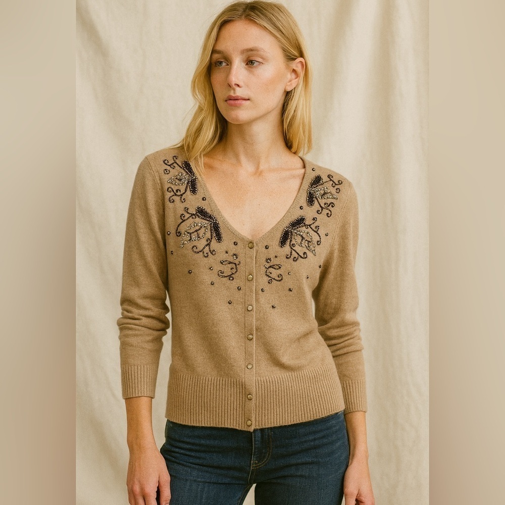 Silk Cotton Cashmere Sigrid Cardigan with Beaded Embroidery NWT
